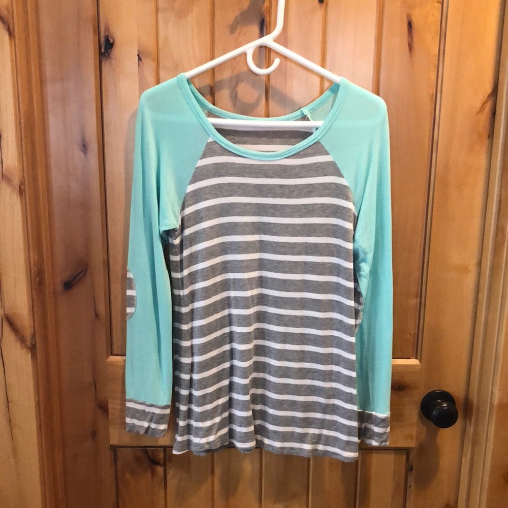Women’s Sz S PS Kate Mixed Media Mint and Grey Striped LS Top w/ Elbow Patches